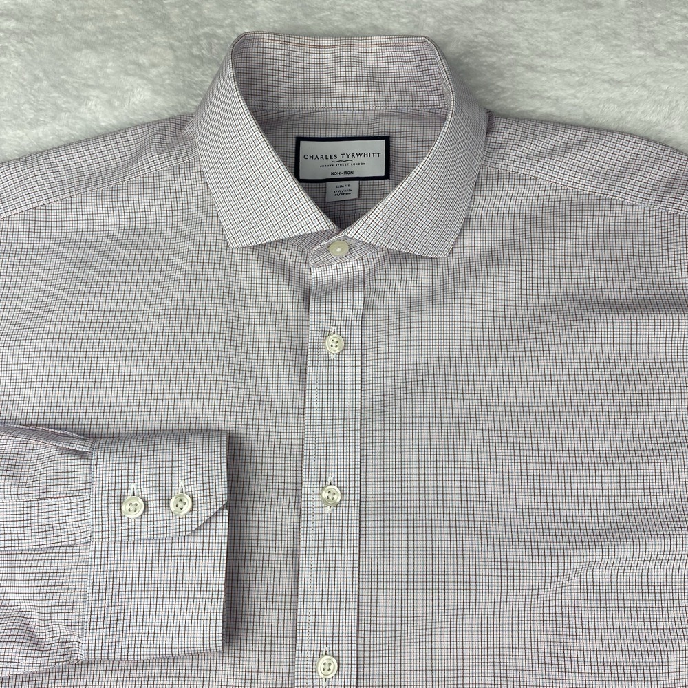 Charles Tyrwhitt Dress Shirt Mens 17.5-35 Blue/Red Checks Slim Fit No Iron